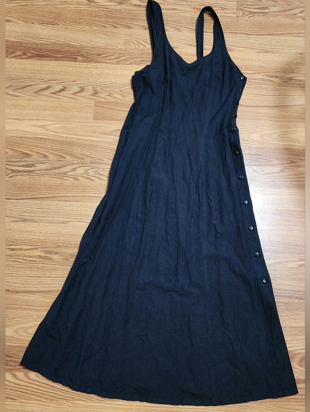Vtg 90s Black Linen Blend Sleeveless Button Maxi Dress Sz 10 Quiet Luxury Resort